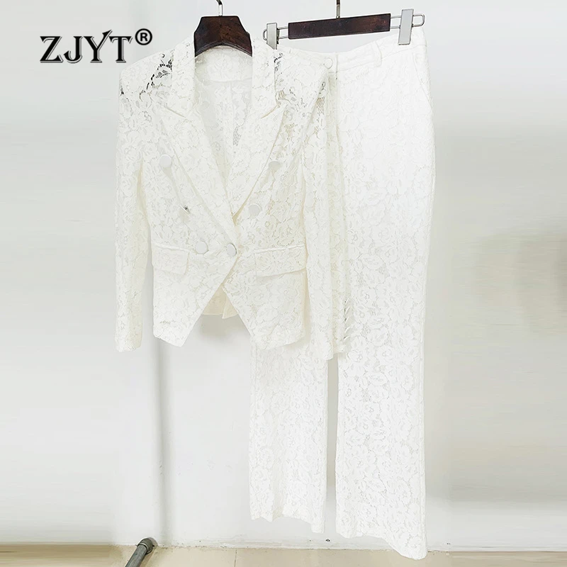 ZJYT Europe Fashion Lace Jacket Pants Sets for Women 2 Pieces Women\'s Blazer Suits White Outfit Elegant Lady Coat Trousers Set