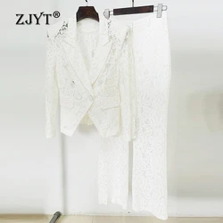 ZJYT Europe Fashion Lace Jacket Pants Sets for Women 2 Pieces Women's Blazer Suits White Outfit Elegant Lady Coat Trousers Set