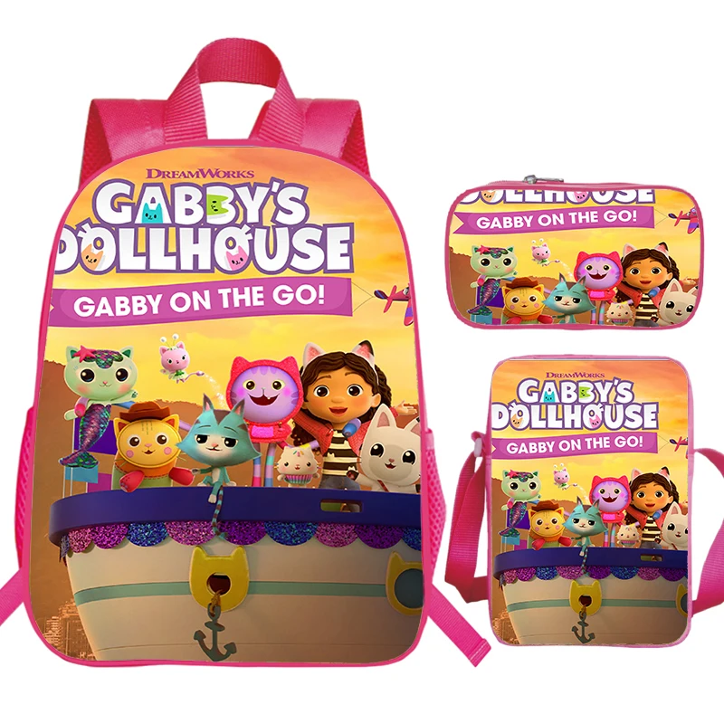 Gabby's Puppenhaus Schult aschen wasserdicht 3 stücke Set Kinder rosa Bücher tasche Vorschule Mädchen Cartoon Rucksack mit Umhängetasche Stift Tasche