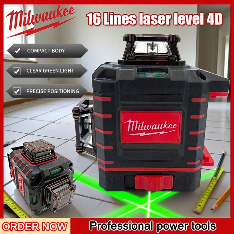 ميلووكي مستوى الليزر 4 جوانب * 360 درجة عمودي 4.2 فولت شعاع أخضر 3-4D 16 خطوط التسوية الذاتية العمودية عبر خط ليز