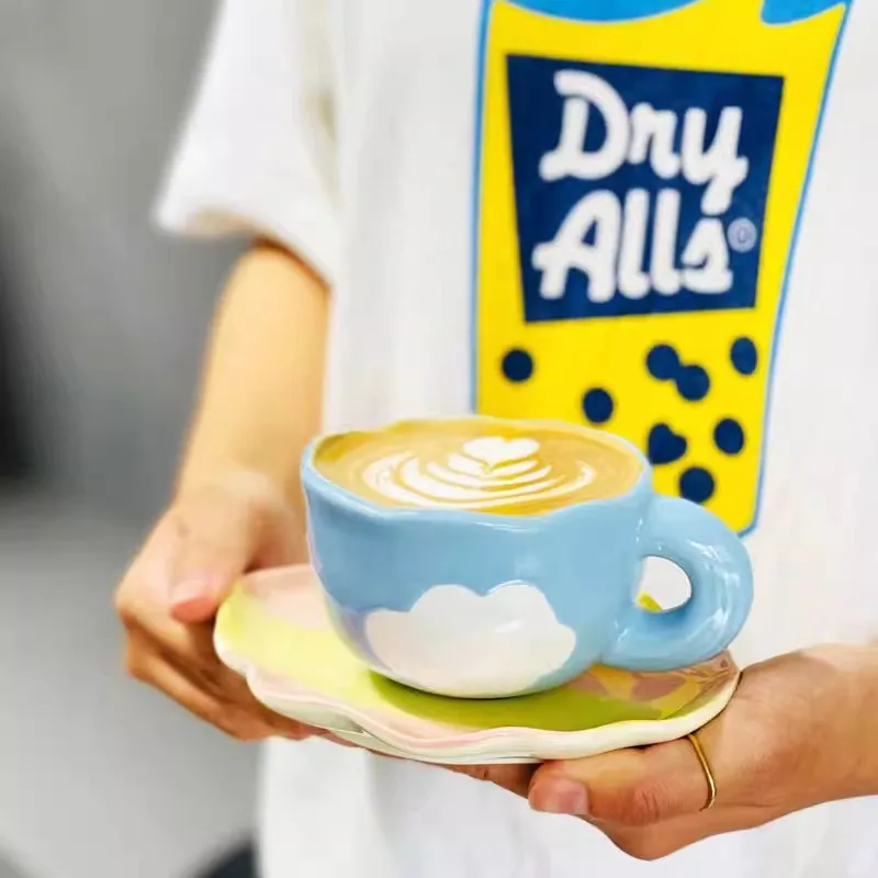

Ceramic underglaze hand-squeezed hand-painted clouds chubby espresso coffee cup saucer clear sky white cloud tea cup