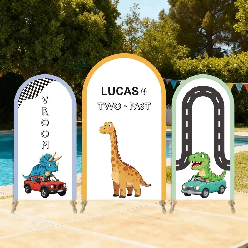 

LS 2-Sided Arch Cover Cute Dinosaurs Racing Happy Birthday Backdrop Baby Shower Arch Wall Cake Smash Party Prom Studio Props