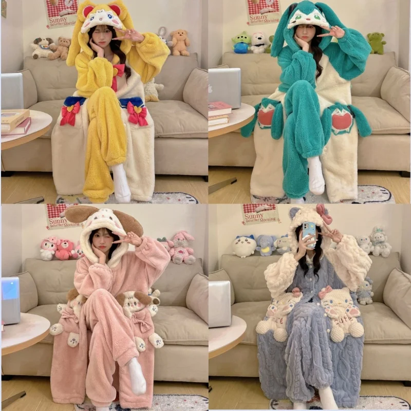 Cartoon Hatsune Miku  Sailor Moon Hello Kitty Sleeping Robe And Pants Thickened Coral Fleece Winter Warm Sleepwear Home Suit Set