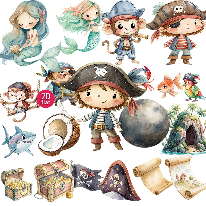 20pcs 2D flat Pirate Mermaid Cartoon Stickers, Watercolor Sea Animal Decals, Suitable for diaries and DIY scrapbook stickers