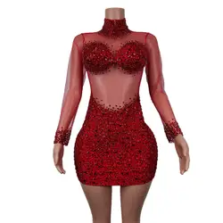 Sparkly Red Stones Long Sleeve Short Dress Sexy Mesh Transparent Birthday Celebrate Evening Party Dress Stage Wear Wangshazuan