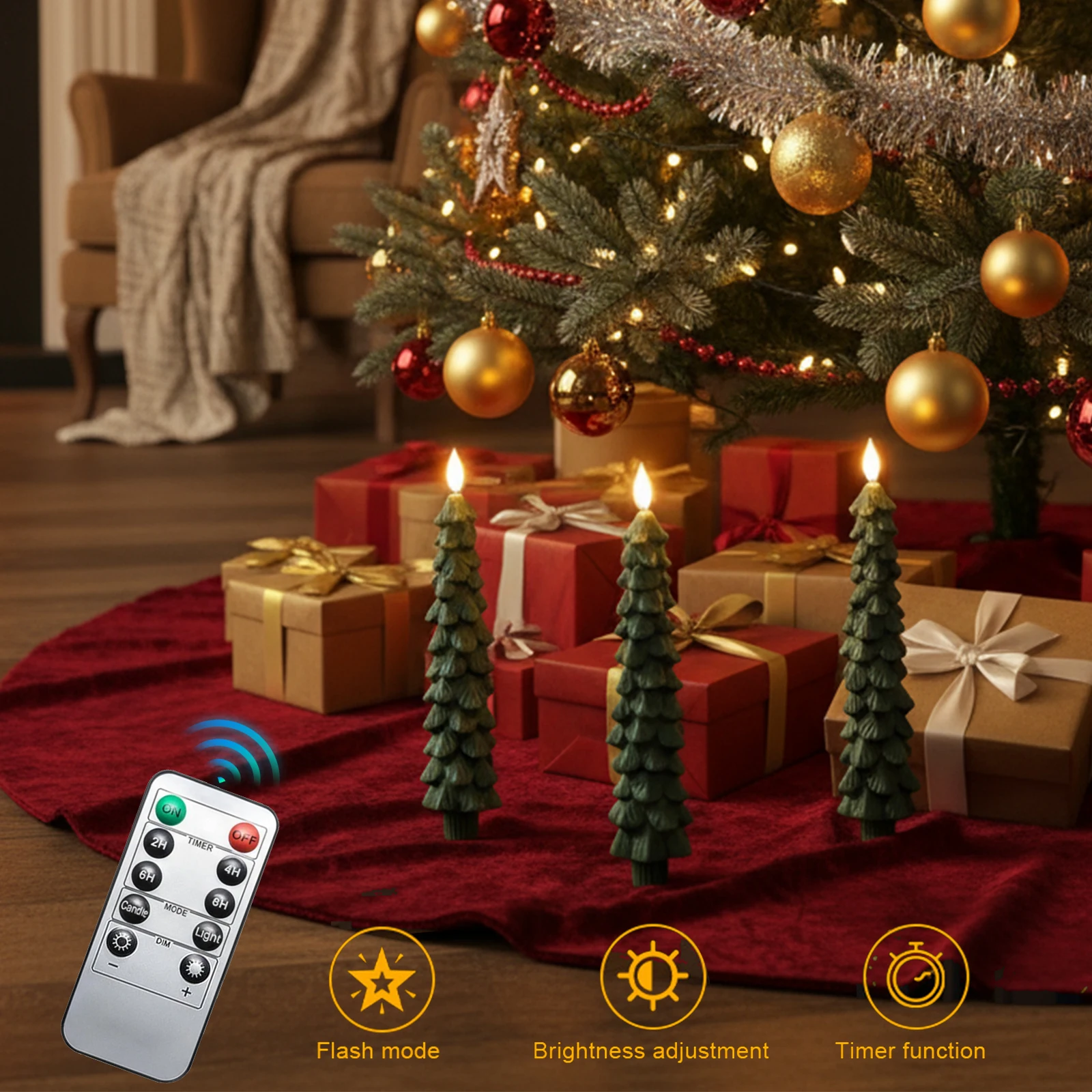 1/2/3/4PCS Christmas Tree Candles with 3D Flame Candlestick Lights Battery Operated Window Candle for Dinner Parties