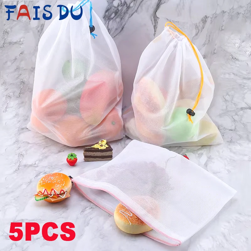 FAIS DU-Sacs de Rangement Réutilisables en Maille, Livrés avec Logo, Fruits et Légumes, Lavables à Domicile, Fournitures de Cuisine, 5 Pièces