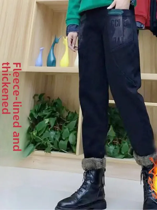

Women's Fce Lined Denim Jeans High Waist Casual Sle Autumn Winter Mom Jeans Flattering Cut High Elastici Wear Resistant