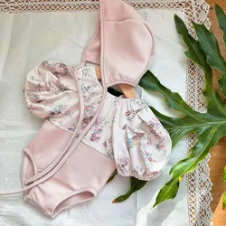 Traje de baño de una pieza con mangas abullonadas para niña, ropa de baño de seda suave para niñas, trajes de baño rosas con sombrero de traje de baño gratis