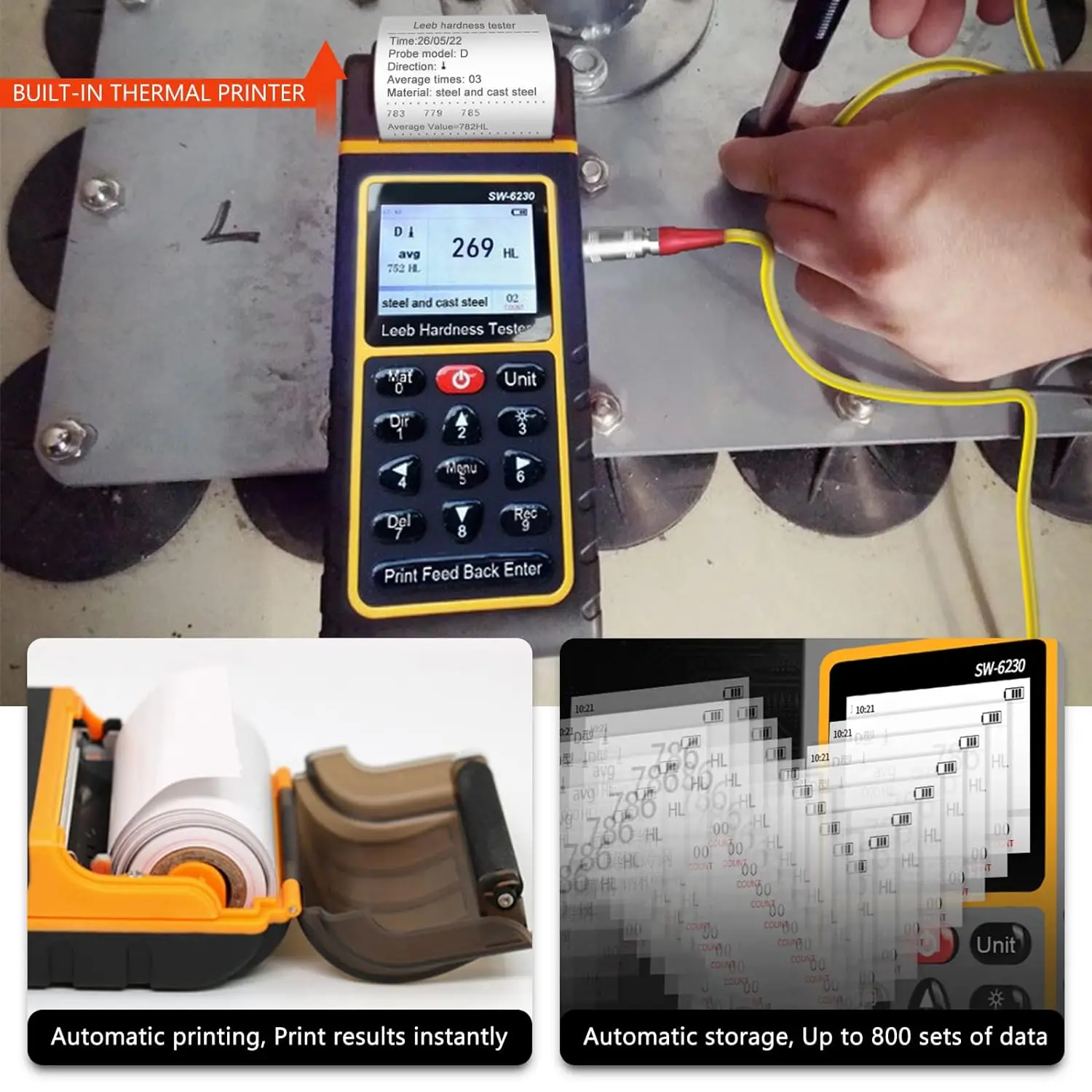 Metal Hardness Tester with Printer, 170~960 HLD, Digital Non-Destructive Leeb Testing with USB Output PC Software Analysis