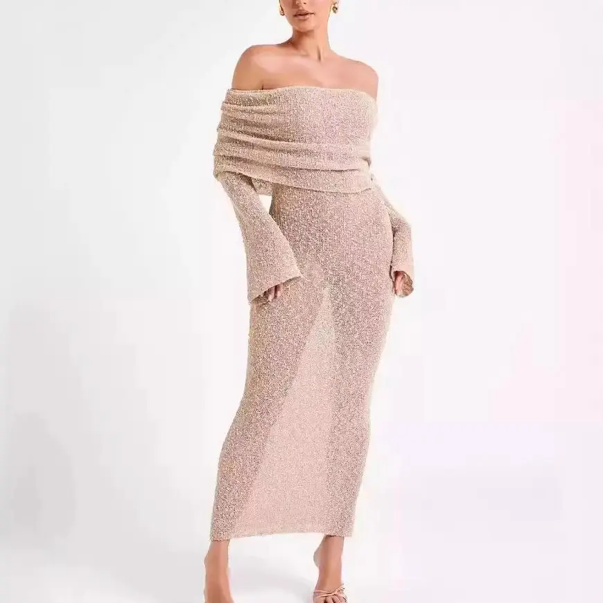 Elegant Knit Maxi Dress Long Flare Sleeve White Ladies Guest Luxury Off Shoulder Beach Event Party Evening Dress Summer 2024