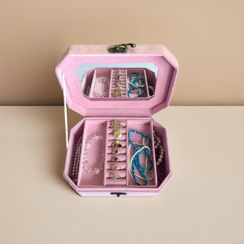 Vintage Portable Storage Box Solid Color With Mirror Women Accessories Container Necklace Ring Octagon Double Layer Jewelry Box