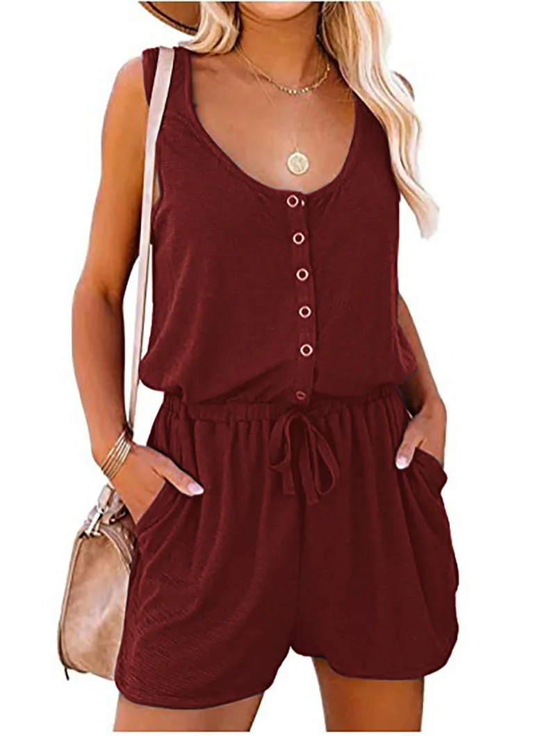 Casual Jumpsuit Women Button Up Sleeveless Elastic Waist Shorts Jumpsuit Summer Solid Color Simple Clothes