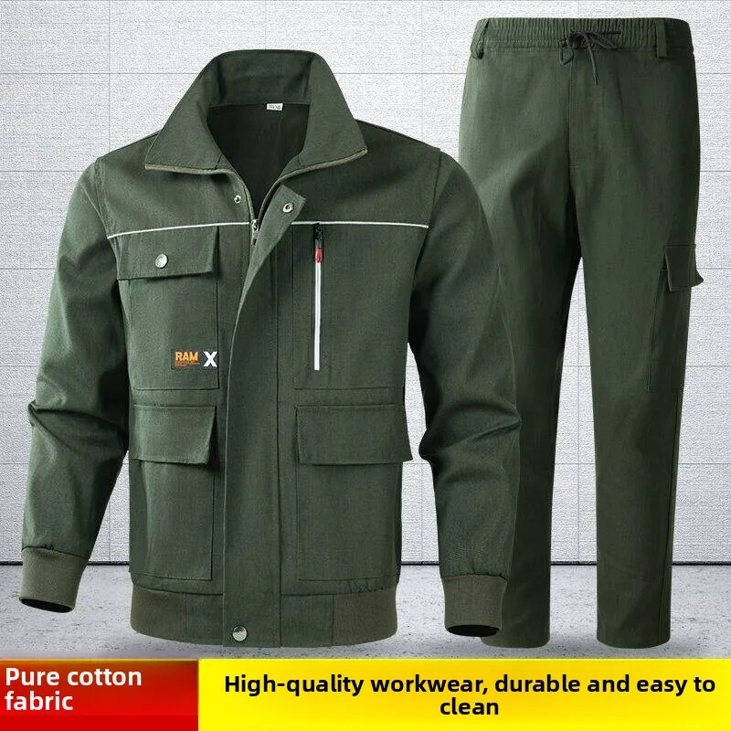 

Комплект рабочей одежды из чистого хлопка для мужчин: весенне-осенний, термостойкий, для сварки и защиты на стройплощадке