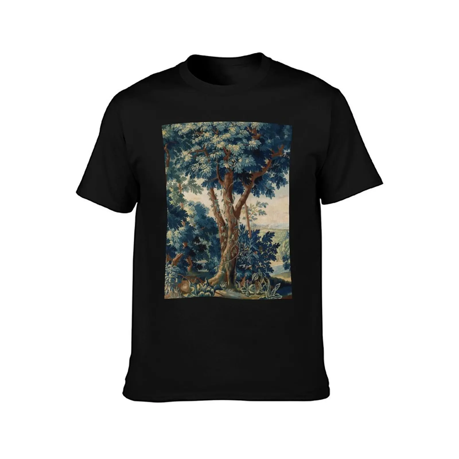 GREENERY, TREES IN WOODLAND LANDSCAPE Antique Flemish Tapestry T-Shirt Tough Fabric Work Tee T-Shirt