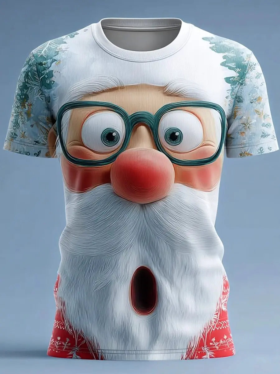 Christmas Theme Men's Short Sleeve Funny Santa Claus Pattern T-shirt 3D Print Tee Party Tops Autumn Winter Indoor Casual T Shirt
