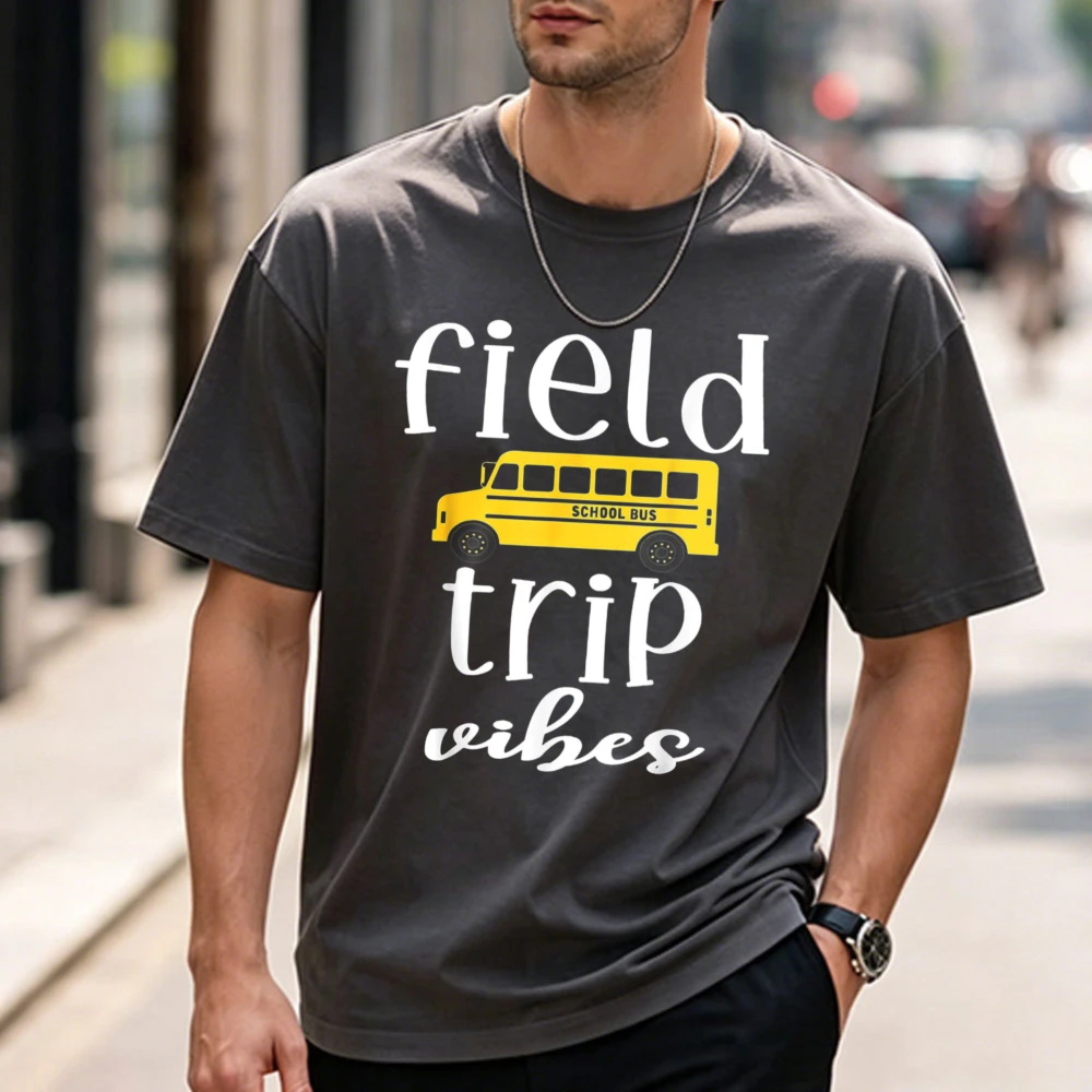 Field Trip Vibes with School Bus Graphic Round T-Shirt Shape Breathable Funny Outdoors High Quality Cotton Short-sleev Tees