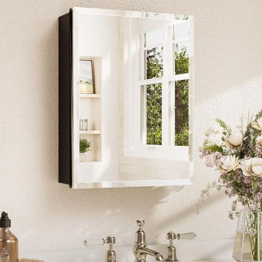 

14 x 18 Medicine Cabinet with Tempered Beveled Mirror Black Mirrored Medicine Cabinets for Bathroom Aluminum Cabinet DTC Hinges