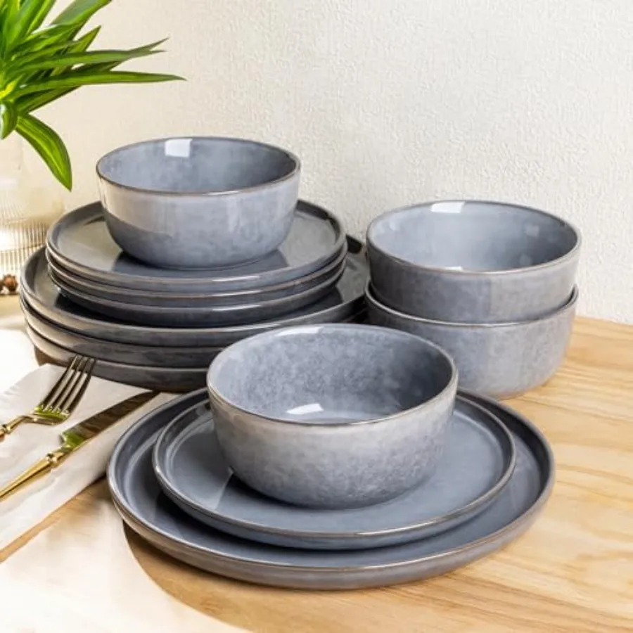 

Stoneware Dinnerware SetsRound Reactive Ceramic Plates and Bowls Sets Highly Scrath Resistant Dishwasher and Microwave Safe Dis