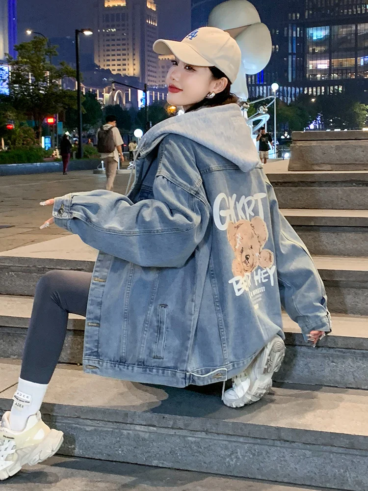 Autumn Winter Fashion Teenager Girls Campus Sports Denim Coat Printed Teddy Bear Letter Loose Casual Party Date Hooded Outerwear