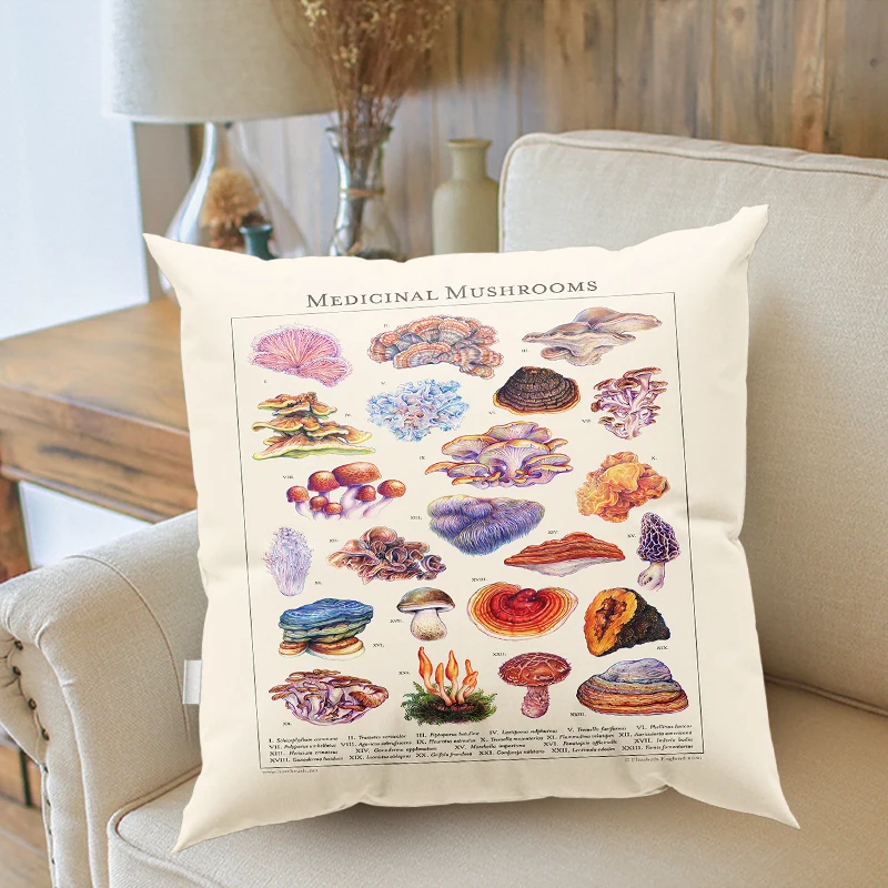 Mushroom Botanical Throw Pillows Wildflower Reference Chart Illustration Home Chair Decorative Pillows Sofa Cushions Gifts