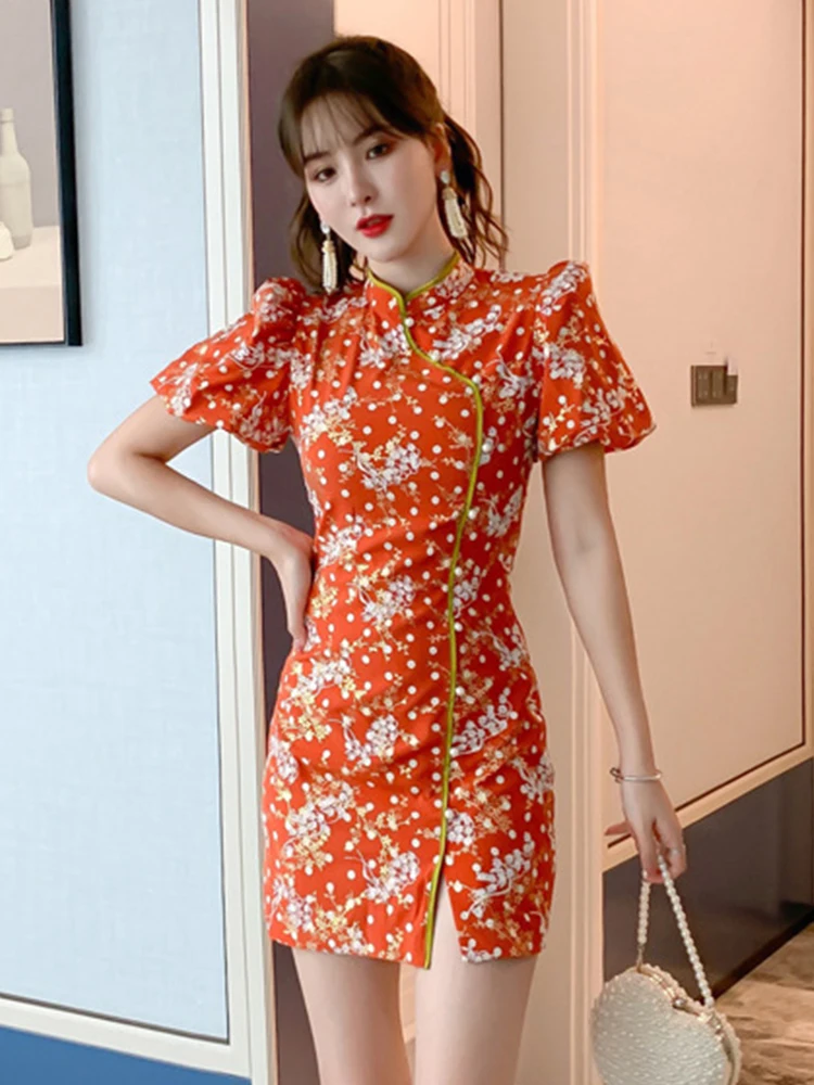 Chinese Style Sweet Dresses for Women 2023 Flower Embroidery Bubble Sleeve Bodycon Mini Dress Slit Girl Cheongsam Party Vestido