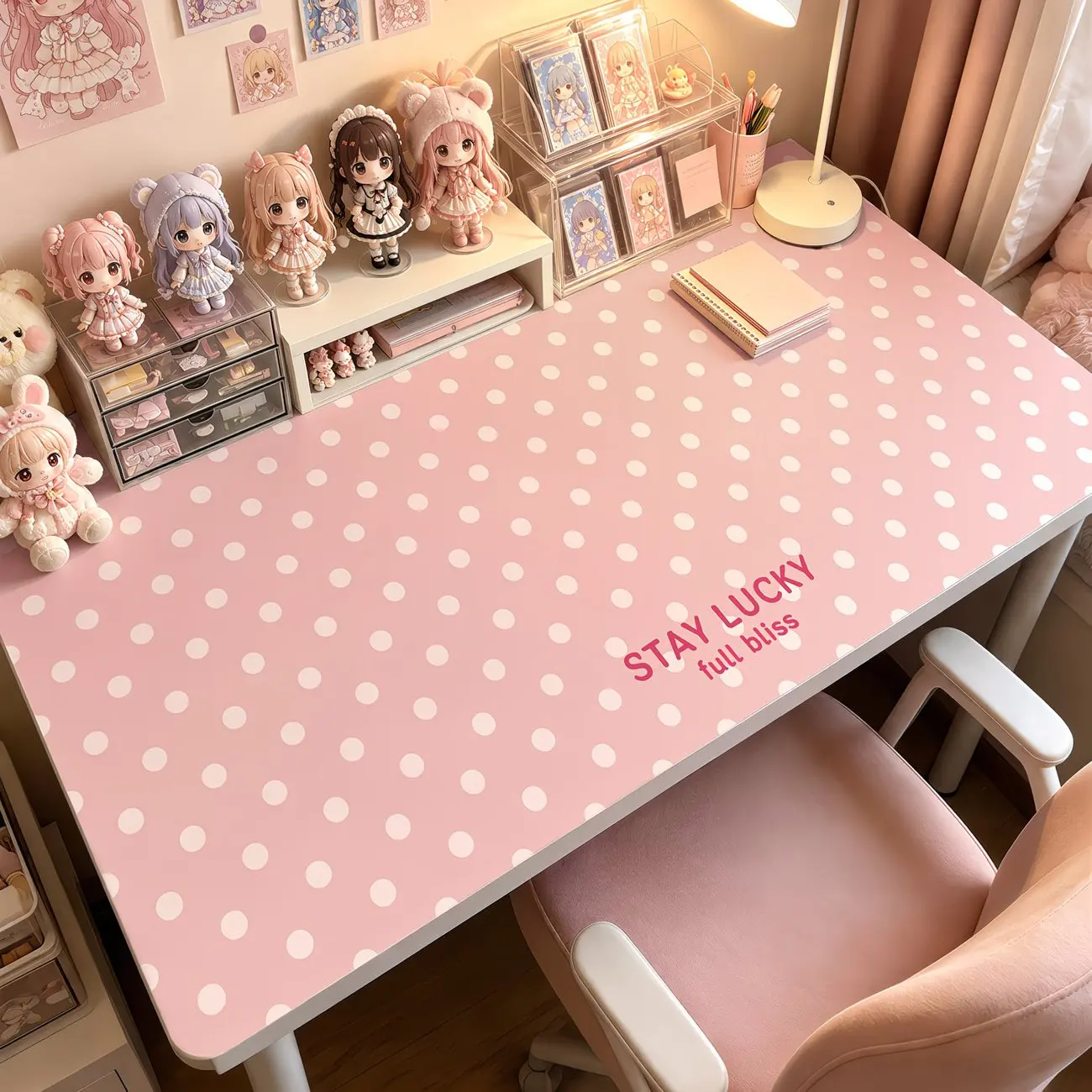 PU Leather Mouse Pad Sweet Pink White Polka Dot Mouse Pad Letter Lucky Office Desk Mat Waterproof Non-Slip PU Desk Blotter Pad