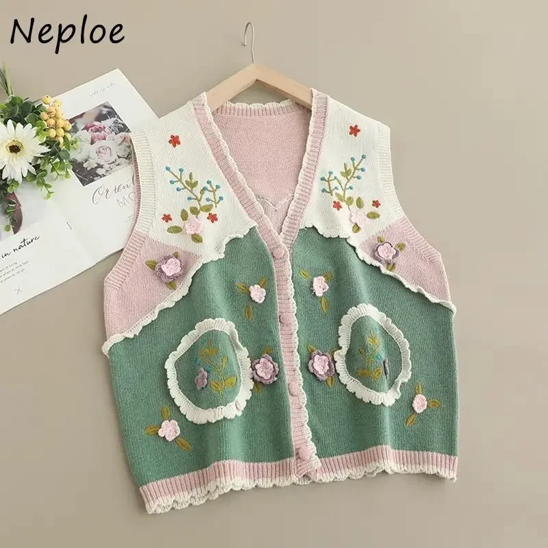 Neploe Fashion Sweet 3D Flower Dzianinowa kamizelka dla kobiet Wiosna Jesień Nowy All-match Tank Top Y2k O-neck Sleeve Less Tops Mujer