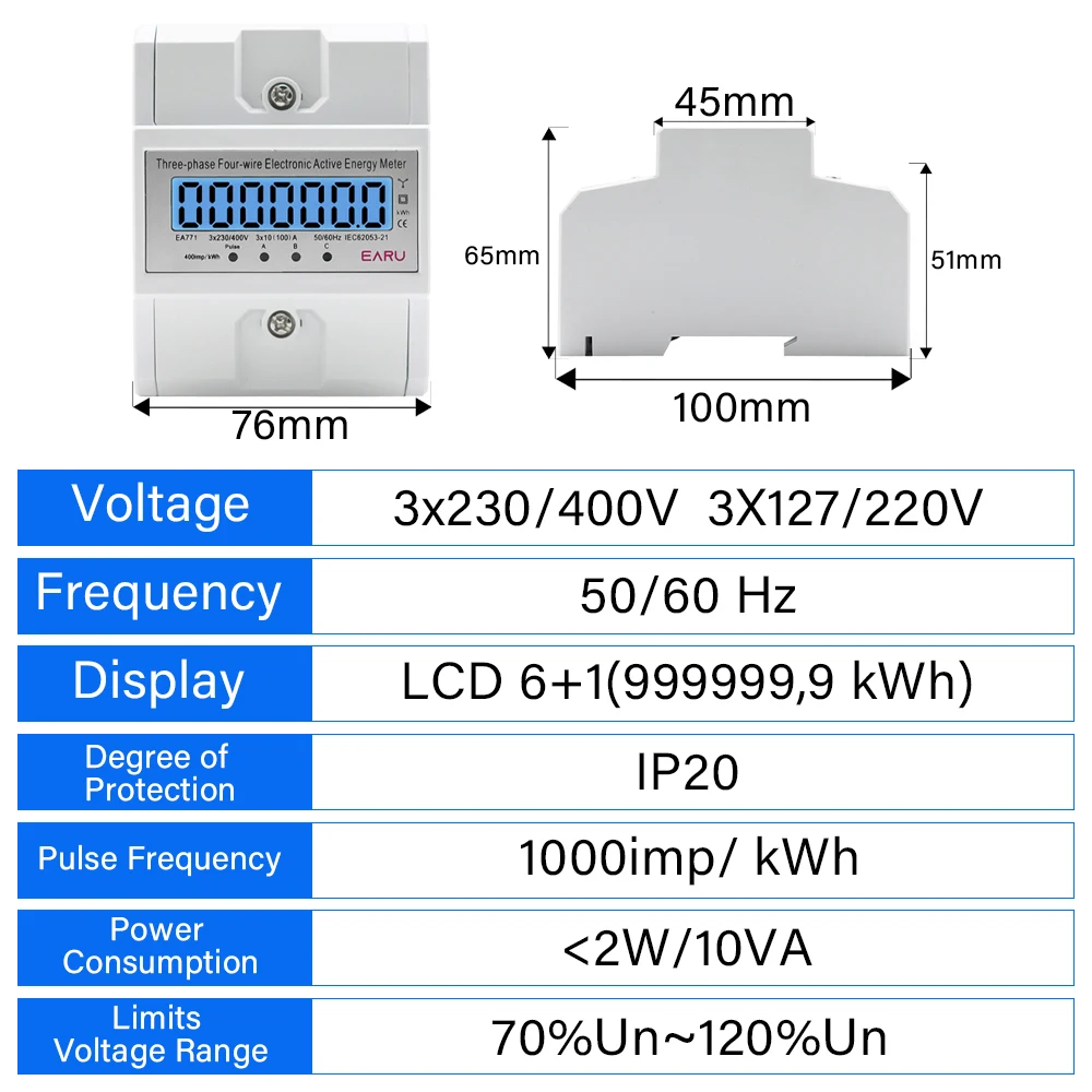 4P 3 Phase 4 Wires BI-Direction Measuring Energy Meter Electricity Usage Meter Din Rail AC 3*230/400V LCD Multifunction Display