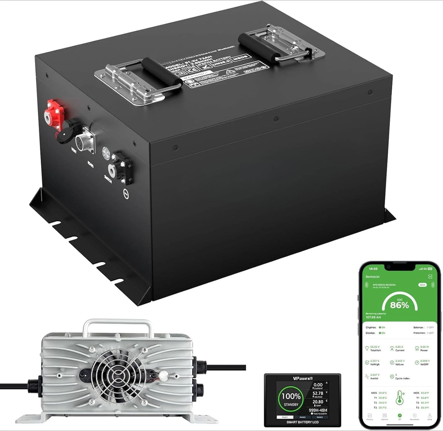 

48V 72Ah Lithium Golf Cart Battery 18A Charger 200A BMS Bluetooth APP 6000 Cycles 600A Peak 10.24kW Custom