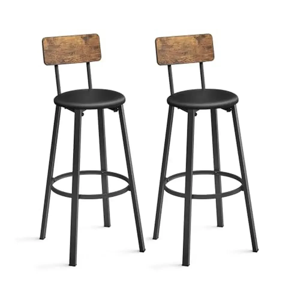 Set of 2 Upholstered Barstools with Back and Footrest Dining Room Industrial Style 29.7 Inches Bar Chairs Rustic Brown Panels