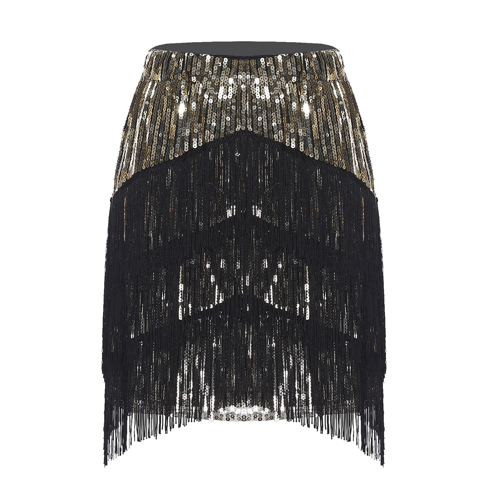 Minigonna da ballo latino scintillante da donna Gonna aderente con paillettes lucide e nappe a strati per abiti da ballo per feste di ballo latino Cha-Cha