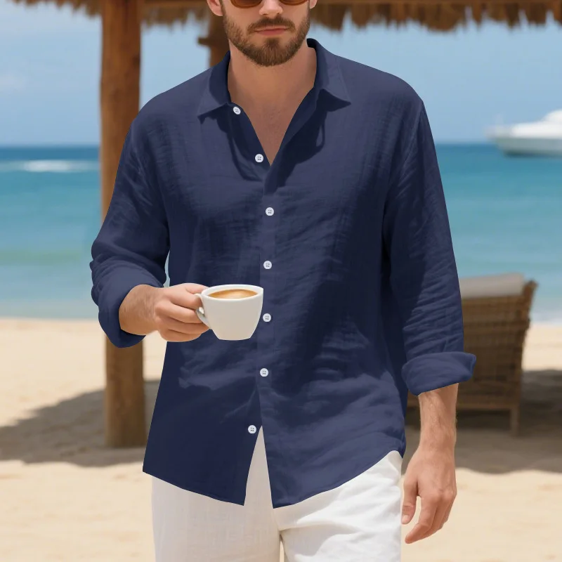 Men's fall outfits for daily wear Men's linen American loose Hawaiian casual long-sleeved button-down lapel shirt
