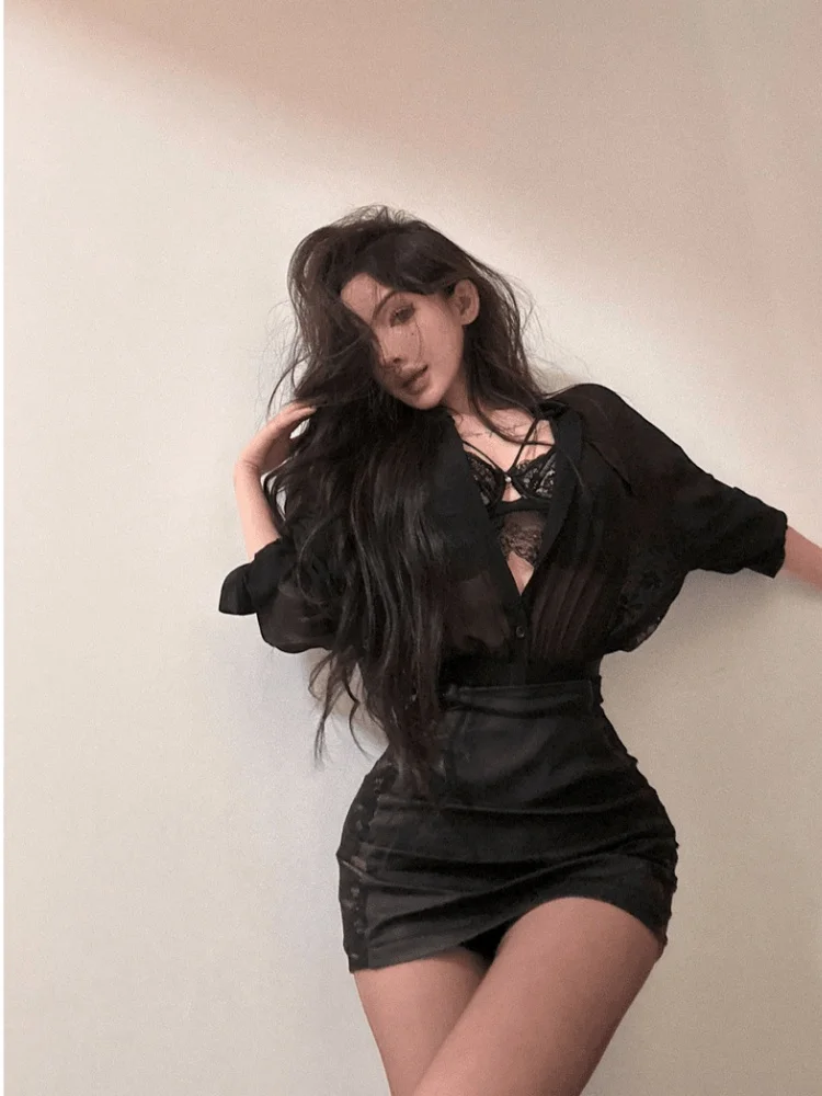 Ele Lace Splice Women's irt And Skirt Set Casual Sle High Waist V-Ne Mid-Sve Comfortable Fabric Faionable Unique