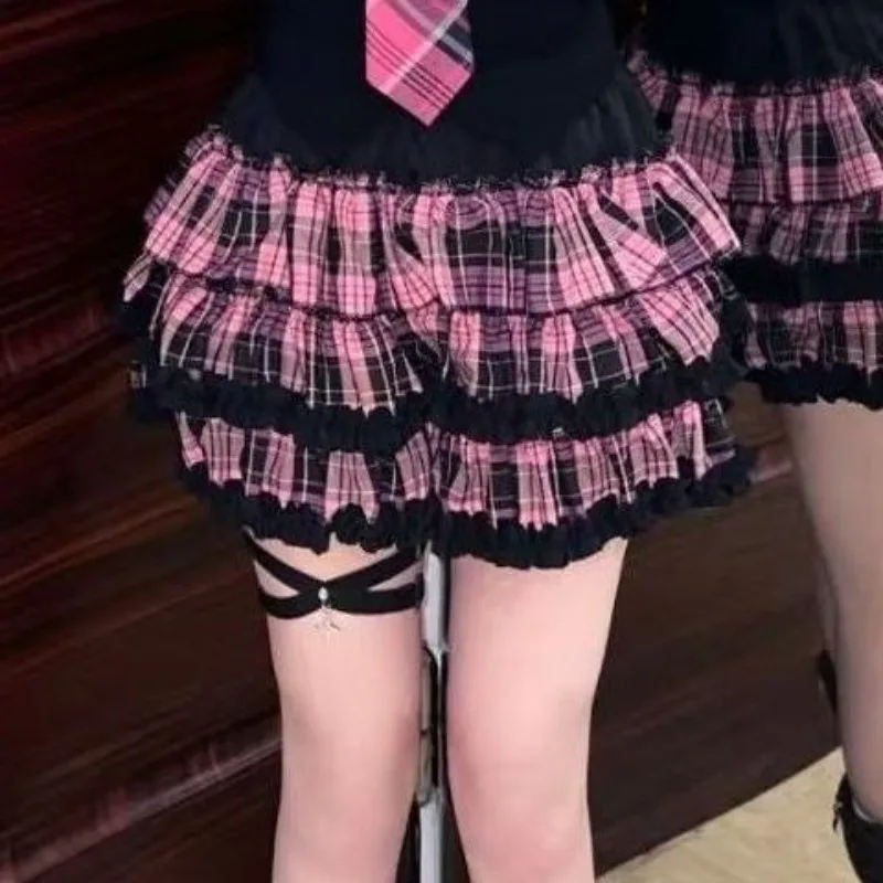 Vintage Girl Plaid Fluffy Cake Mini Skirt Japanese Y2k Aesthetic Slim A-line Skirts Sweet Versatile Harajuku Faldas Ins