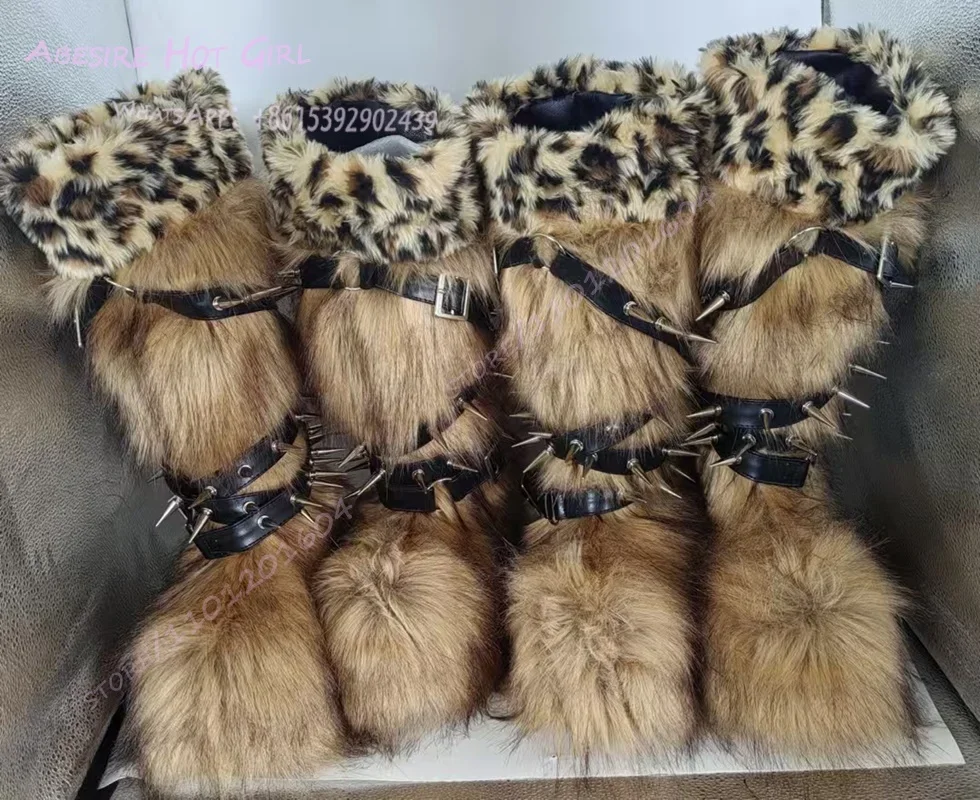 

Wild Sexy Dark Brown Plush Fringe Belt Chain Boots Women Winter Platform Plush Snow Fur Metal Ankle Straps Fashion Autumn Shoes