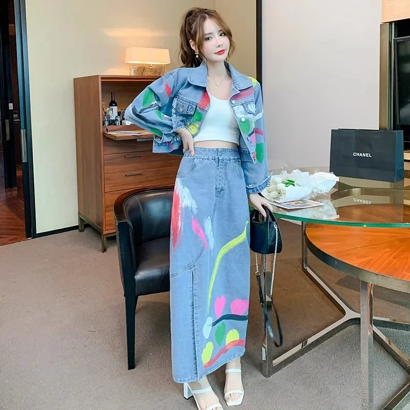 

Spring New Hand-painted Graffiti Printed Blue Denim Sets Turndown Collar Short Cowboy Jacket High Waist Jeans Skirt Female Sets