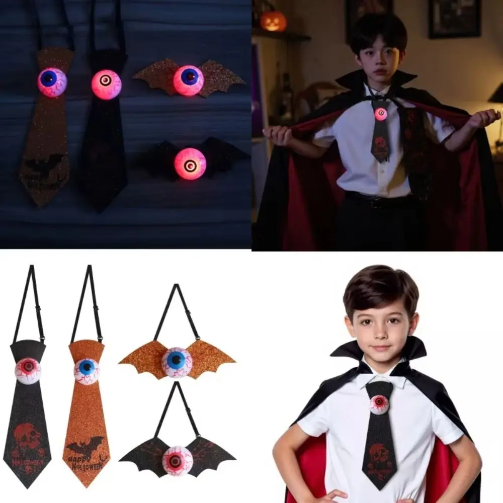 

Spooky Halloween Light Up Eyeball Tie Adjustable Straps Haunted Gold Dust Bat Bow Tie Realistic Reusable Halloween Tie Props
