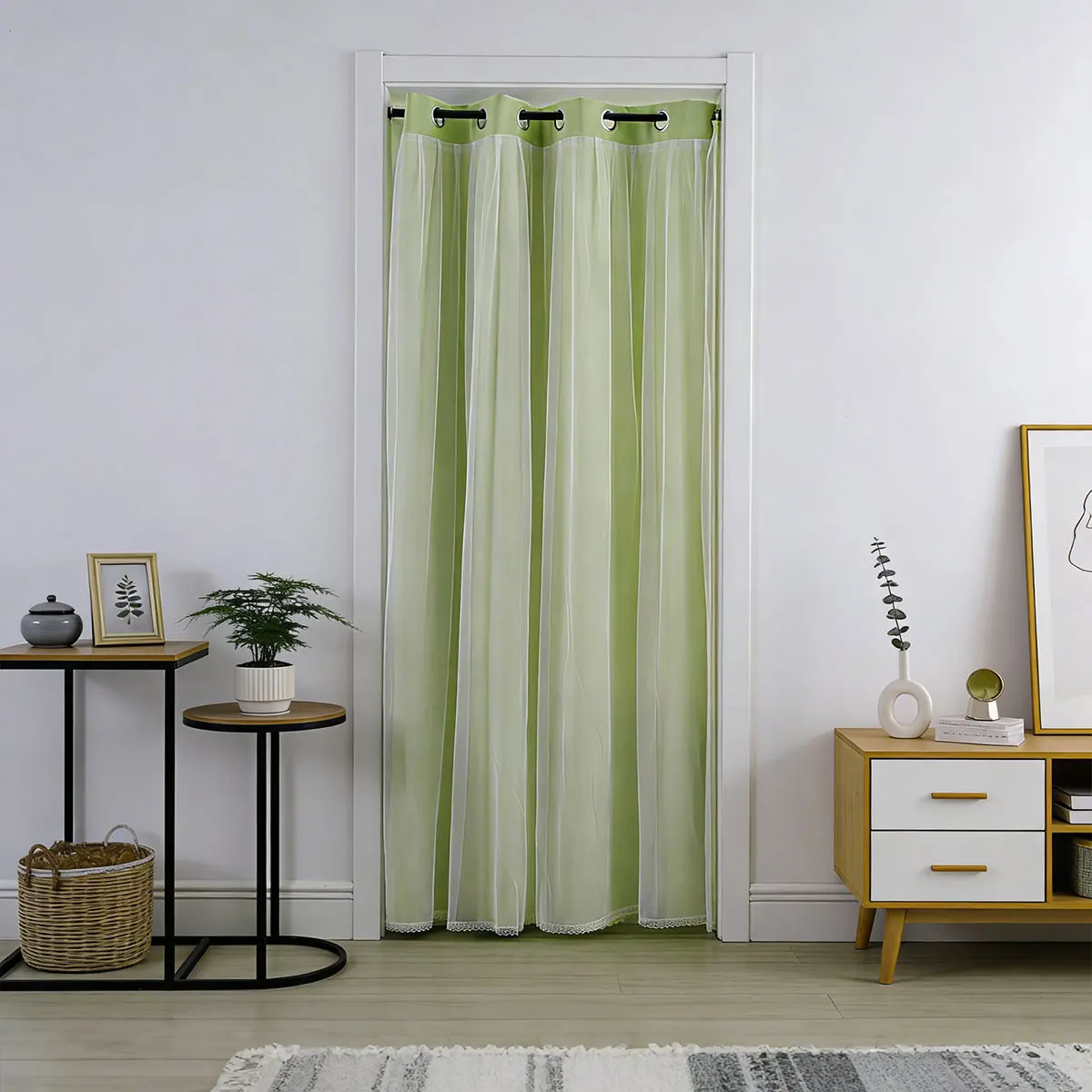 Green Double‑Layer Grommet Door Curtain 1pc, Sheer Overlay Doorway Drapes, Fresh Style Privacy Divider for Home Entrance