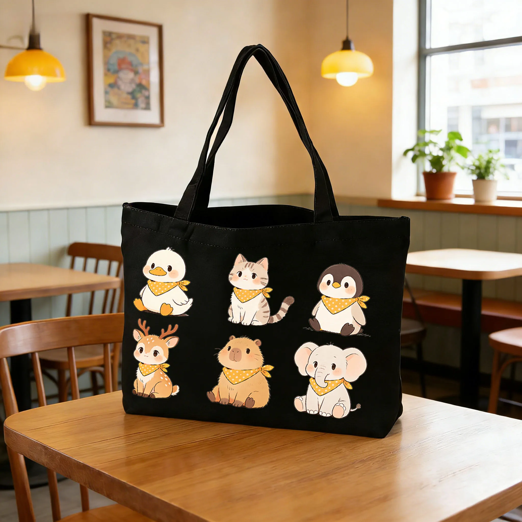 

1 шт. черная экологически чистая складная холщовая сумка на плечо с шарфом и животным узором, минималистичная сумка