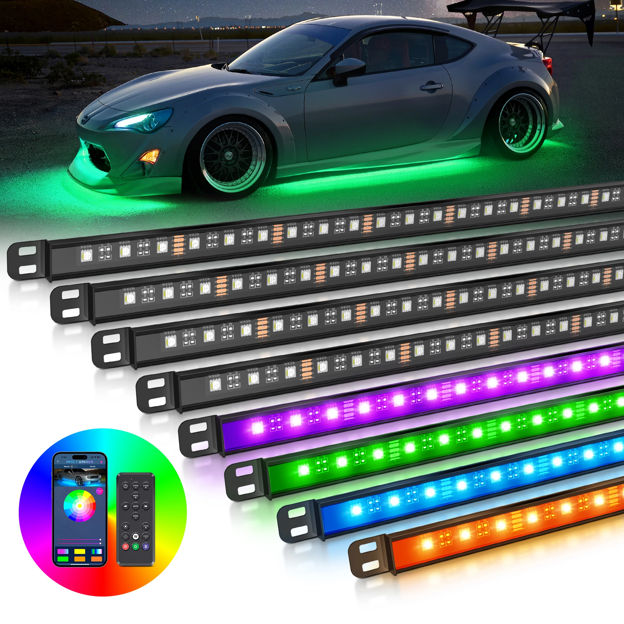 

MICTUNING N8 Car Underglow Light Strips RGBW LED,Exterior Underbody Multicolor Light Bars, Wireless App & Remote Dual Control