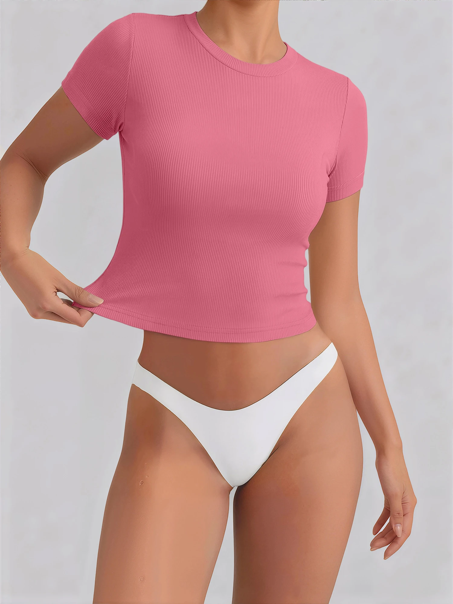 Edgy Casual Ribbed Slim Crop Short‑Sleeve Shirt, Fashion‑Forward Crew‑Neck Top for Gathering Occasions & Influencer Daily Fits