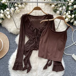 Chic Two Pieces Sets Straps Camis Vest High Street Ruffle Slim Riddons Asymmetrical Long Sleeve Top Autumn Winter Women Clothing