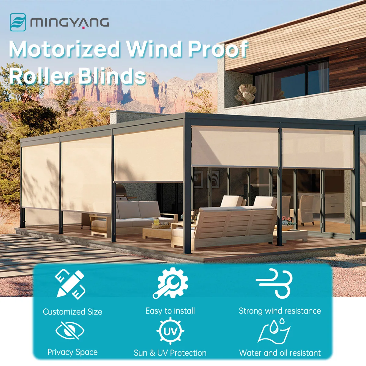 الستائر الخارجية بشاشة الرمز البريدي مخصصة للتعتيم الخصوصية التحكم عن بعد مقاوم للماء الظل بمحركات في الهواء الطلق يندبروف الستائر الدوارة