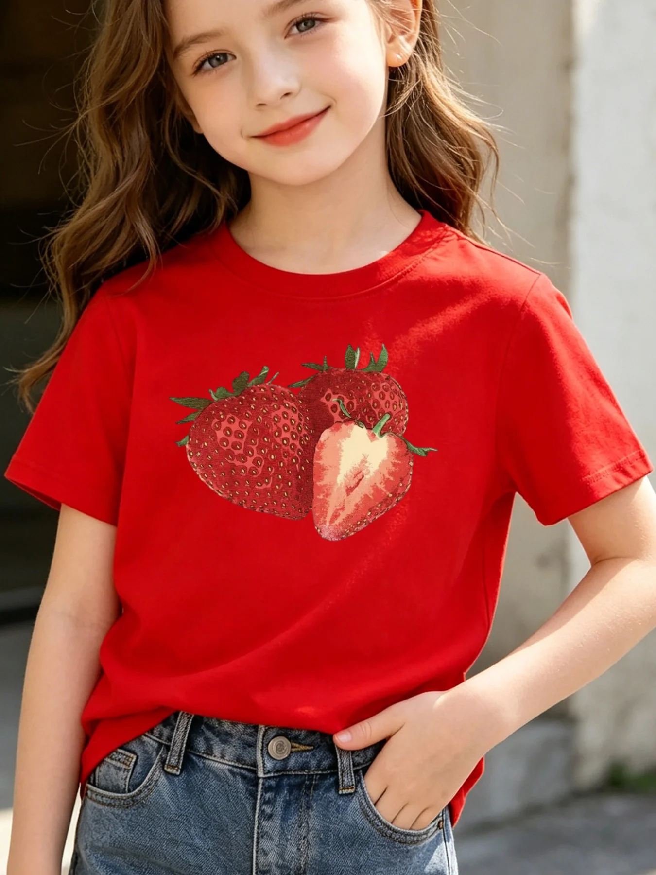 Vintage Red Strawberry Print Kids T Shirt Boys Girls Short Sleeve Tee Sweet Summer Parent Child Matching Casual Toddler Tops