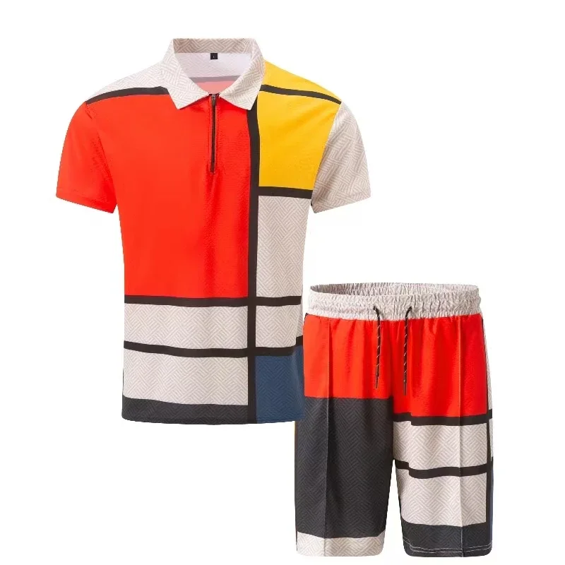 New Two-piece Men's Summer Fashion Color Matching Printed Lapel Zipper Front Casual Shopping Short-sleeved T-shirt and Shorts