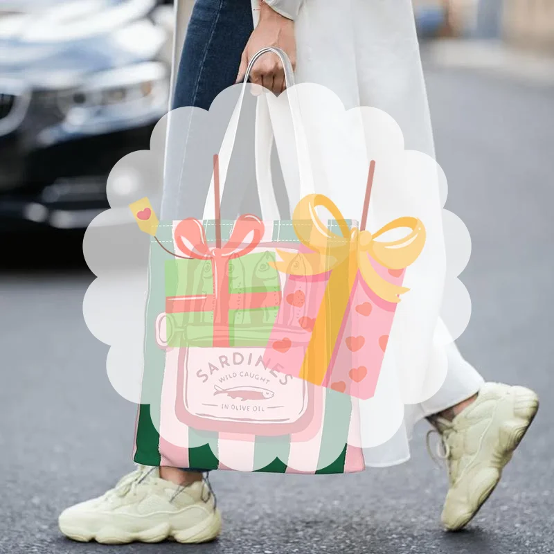 Colorful Trendy Sardines Printe Casual Handbag, Reusable Fashionable Backpack, Multifunctional Tote Bag Polyester Shopping Bag