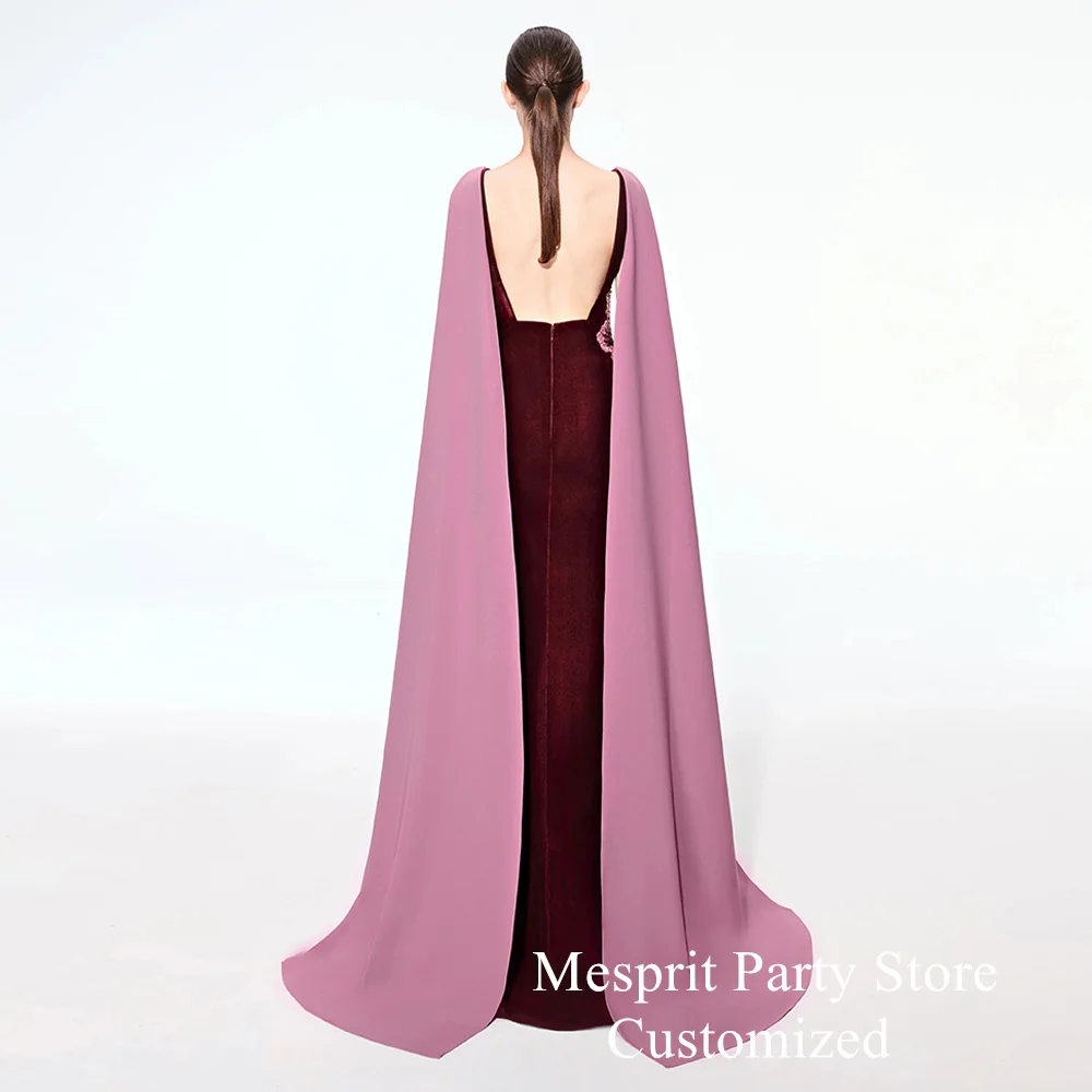 فستان حفلة موسيقية من القطيفة باللون العنابي مفتوح الظهر مخصص برقبة قارب مطرز بالترتر لحفلات السهرة مع فساتين سهرة للرقص على الرأس #2