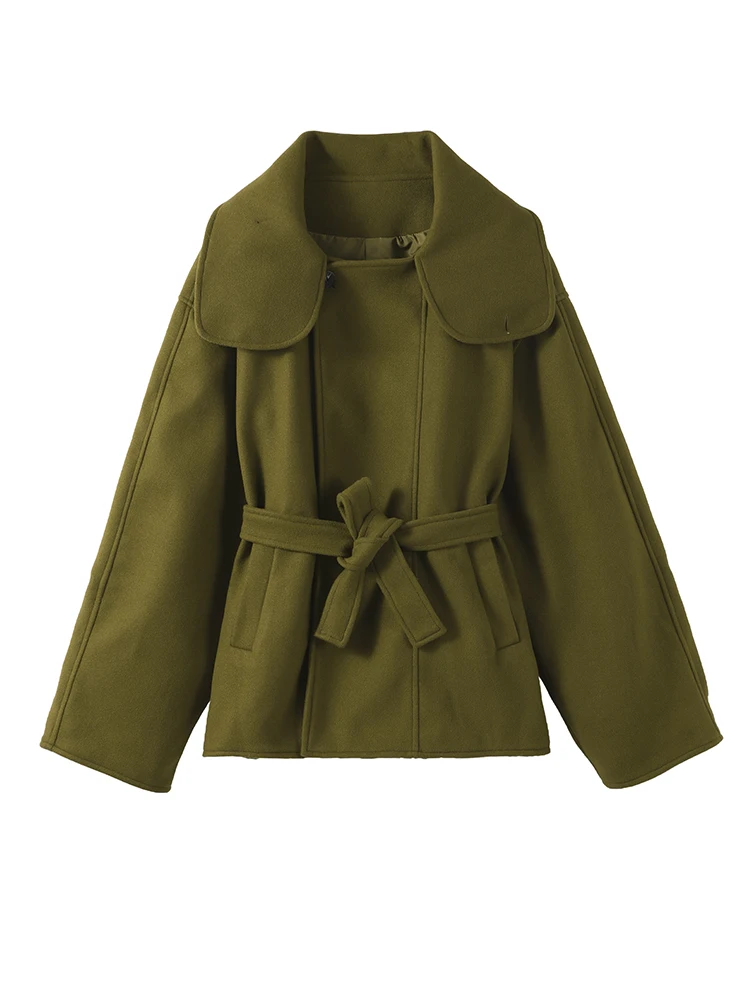 

Solid Color Stand Woolen Jacket Fashion Lace Up Single Breasted Pocket Loose Outerwear 2025 Autumn Street Commuter Lady Coats