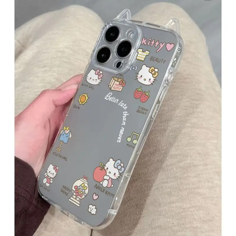 الشمس الفراولة مرحبا كيتي جراب هاتف آيفون 17 16 15 14 13 12 11 برو ماكس XR XS ماكس 7 8 زائد INS آذان القط غطاء شفاف